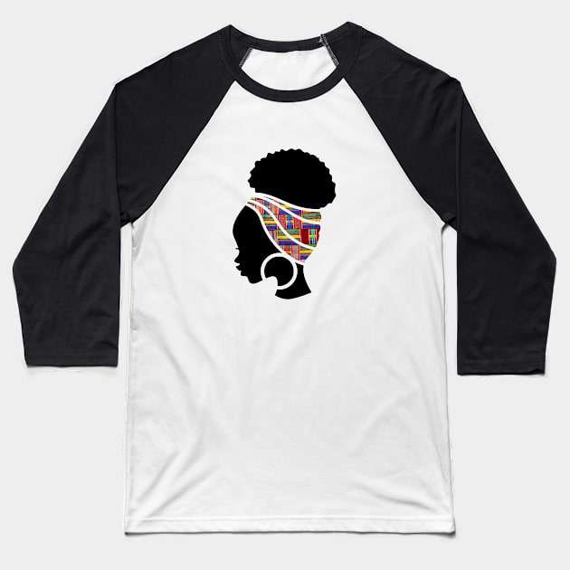 Afro Hair Woman with African Pattern Headwrap Baseball T-Shirt by dukito